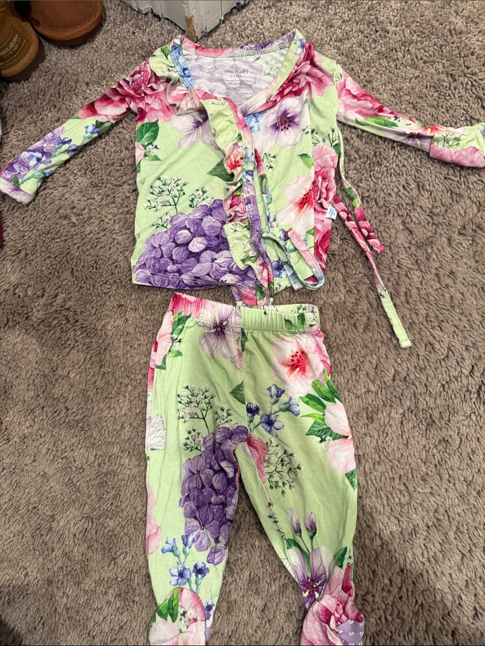Posh Peanut Light Green Floral Wrap Pajama Set with Purple Accents